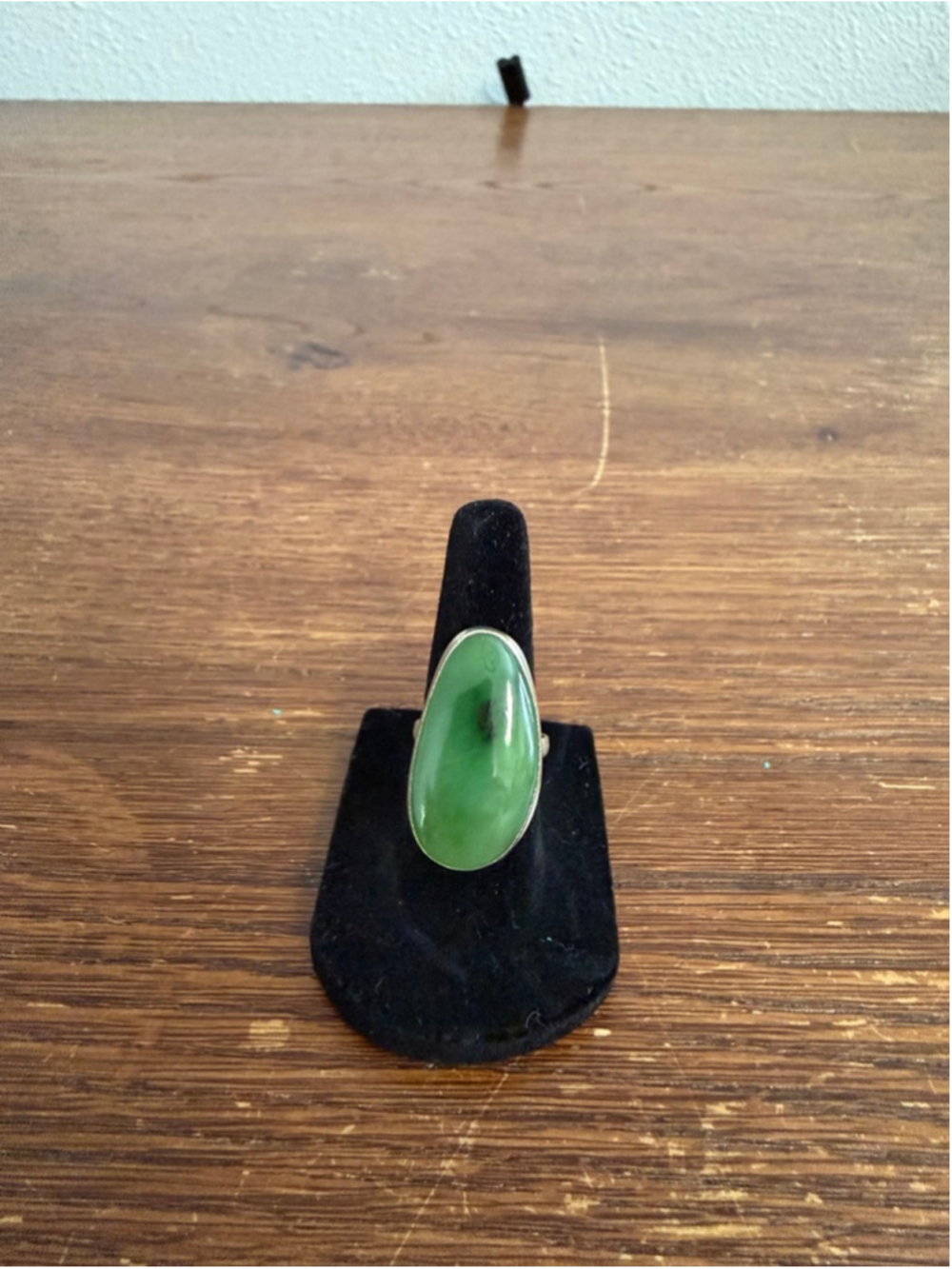 Large Green Jade Style Ring Size 7 Silver Tone Oval Cabochon Statement Ring